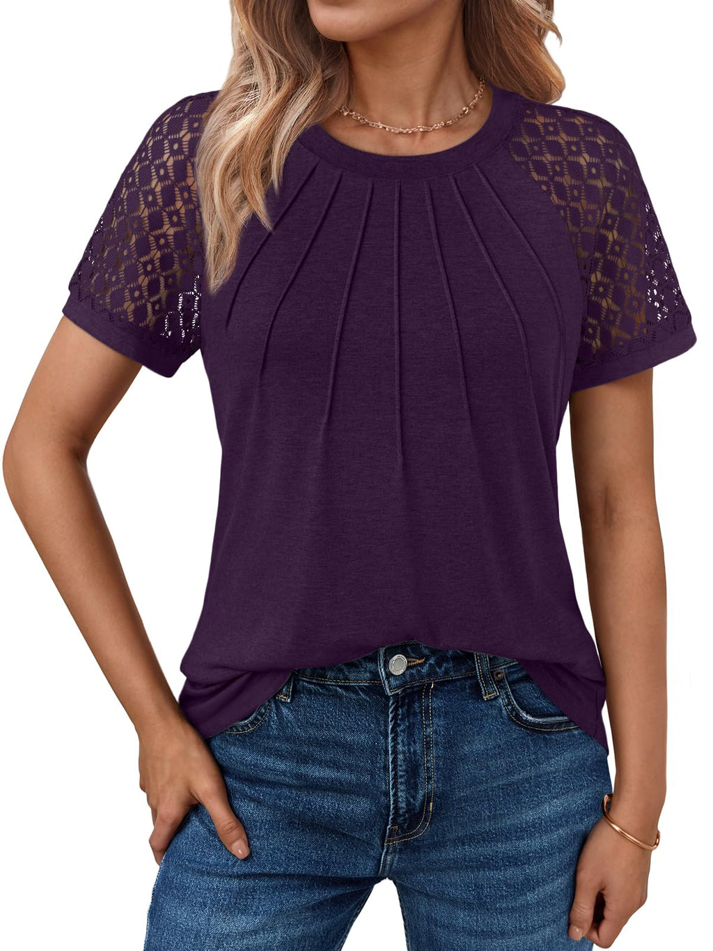 Women's Summer Lace Top Short Sleeve Business Casual Blouse