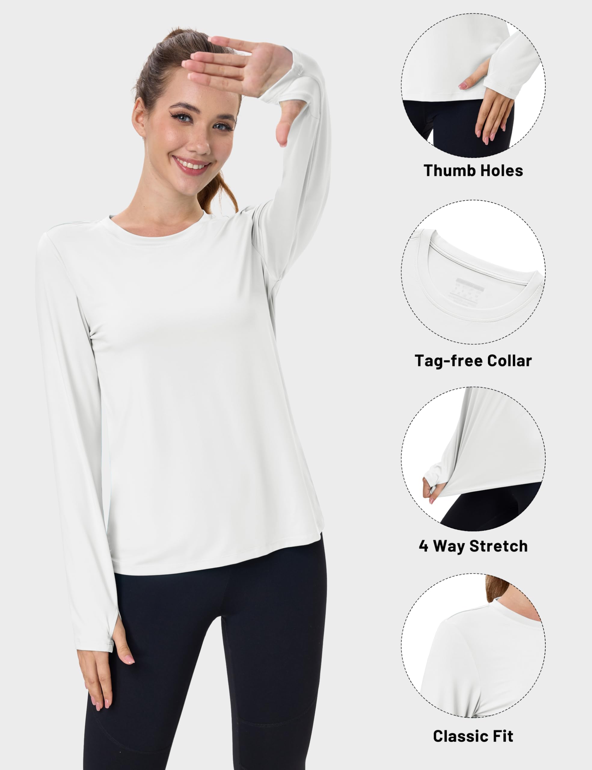 Women's UPF 80+ Long Sleeve Rash Guard - Quick Dry Athletic Shirt with Thumb Holes