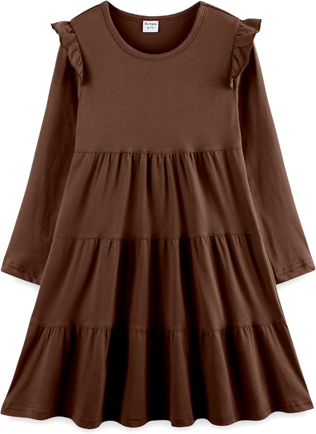 Girls Cotton Dress - Ruffle Sleeve Tiered A-Line Midi Sundress