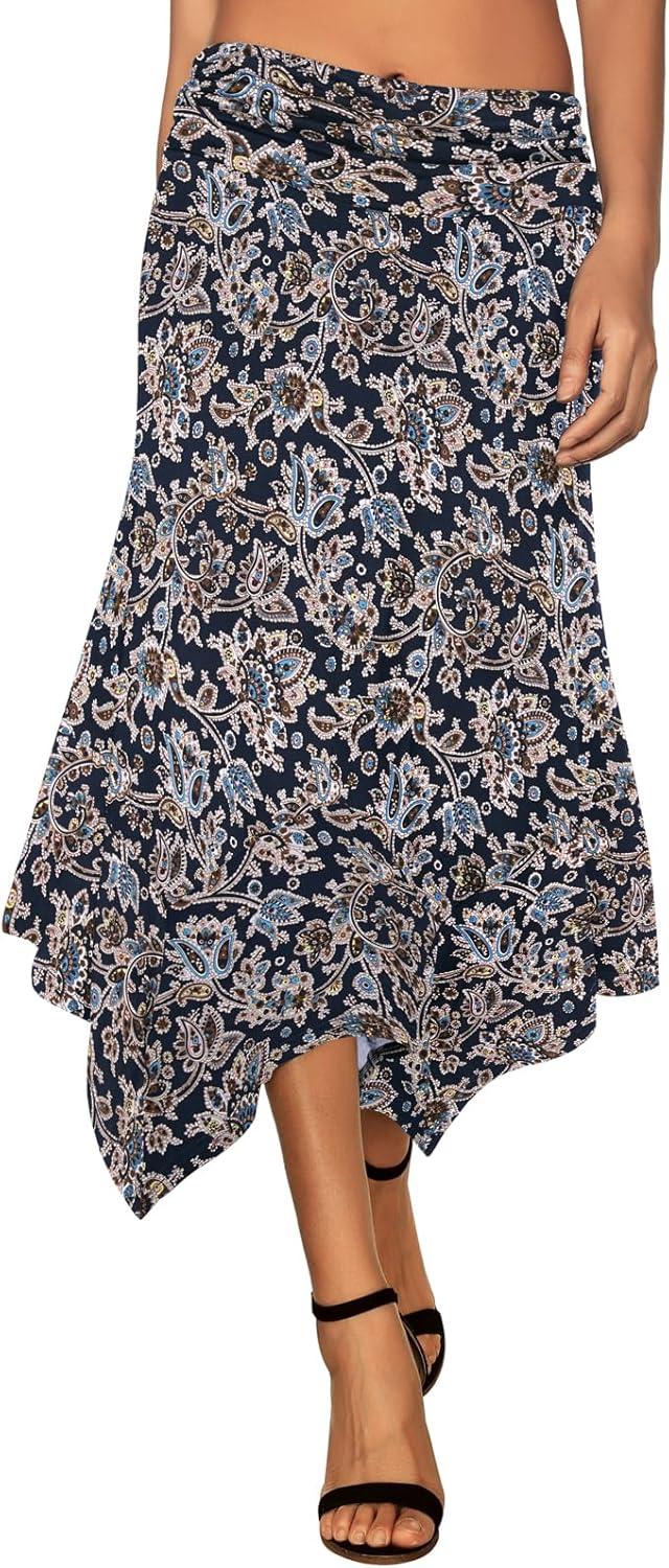 Women's Flowy Handkerchief Hemline Midi Skirt - Elastic Waist Asymmetrical Hem