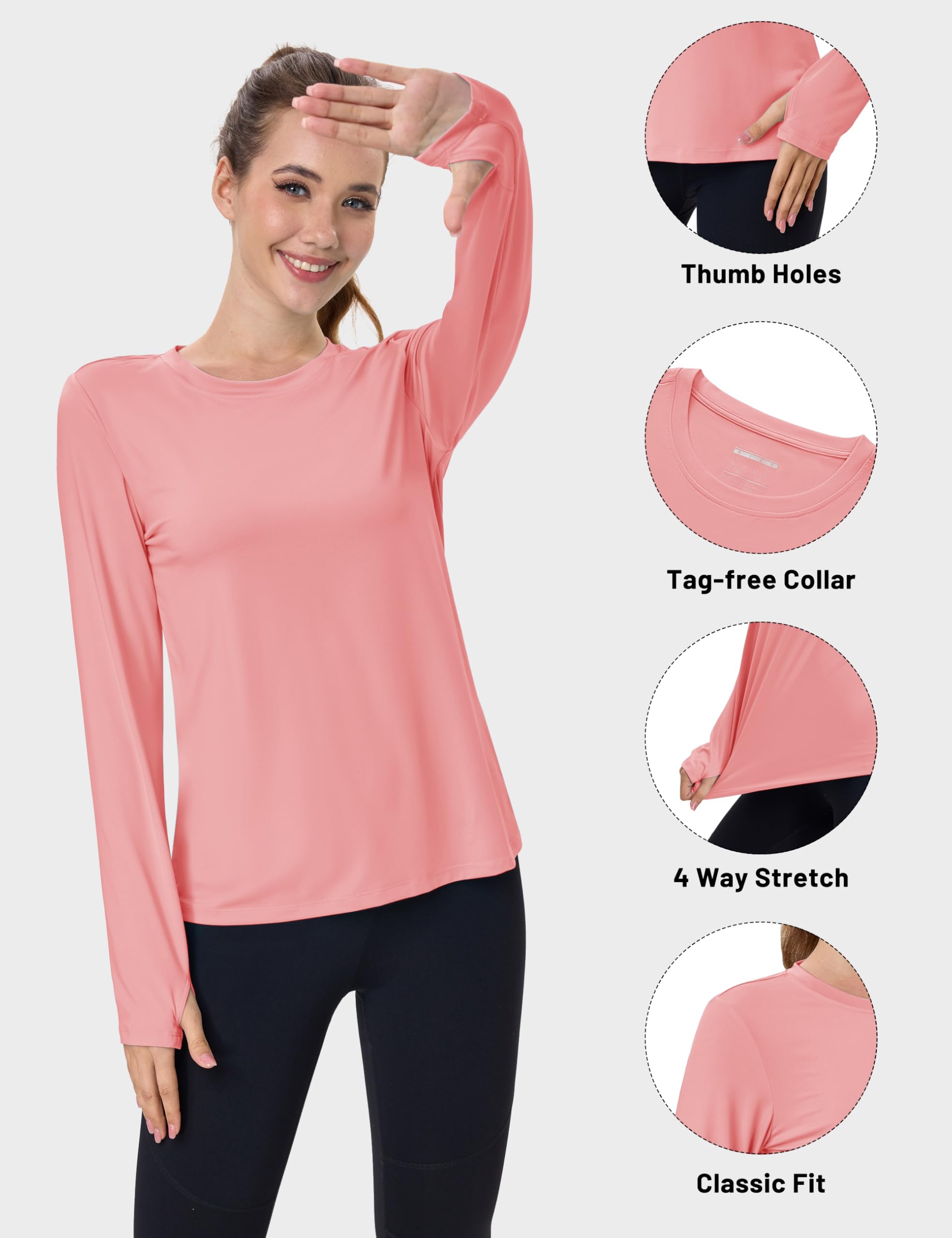 Women's UPF 80+ Long Sleeve Rash Guard - Quick Dry Athletic Shirt with Thumb Holes