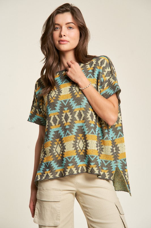 Back To School Sweater - Davi & Dani High-Low Geometric Round Neck Knit Top