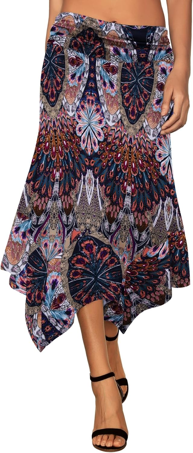 Women's Flowy Handkerchief Hemline Midi Skirt - Elastic Waist Asymmetrical Hem