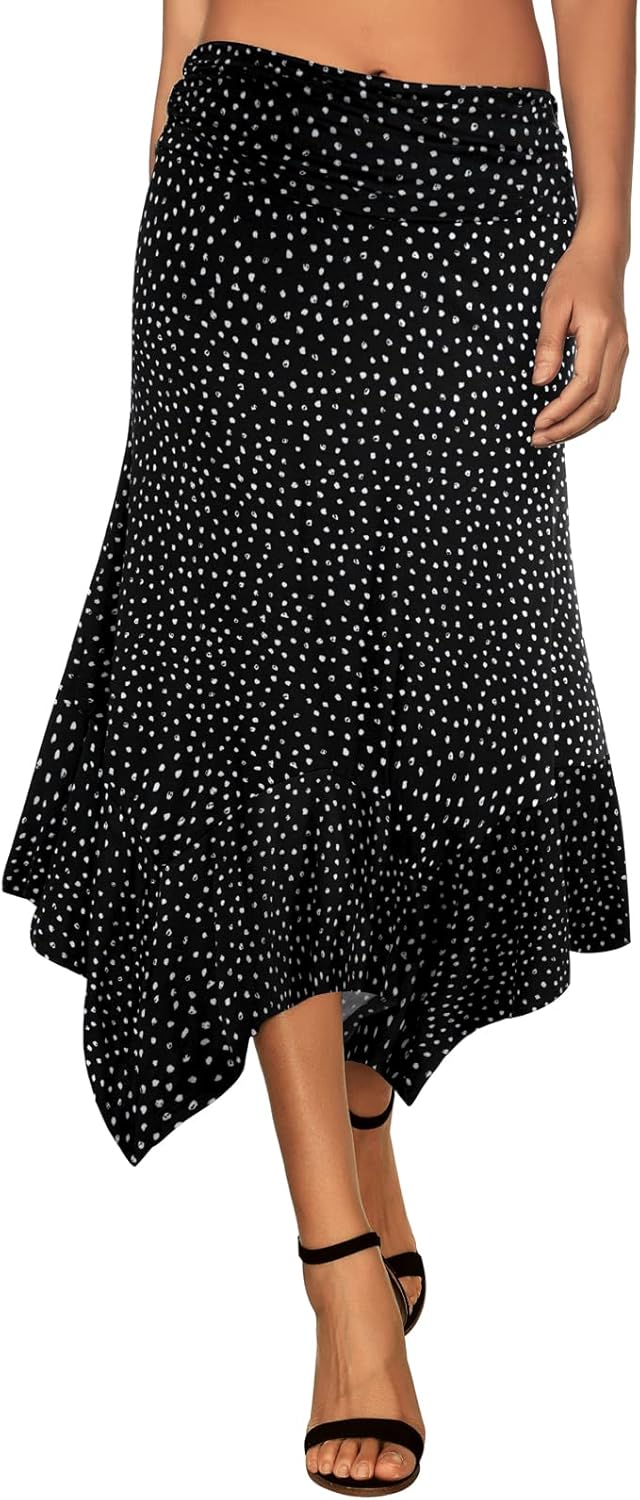 Women's Flowy Handkerchief Hemline Midi Skirt - Elastic Waist Asymmetrical Hem