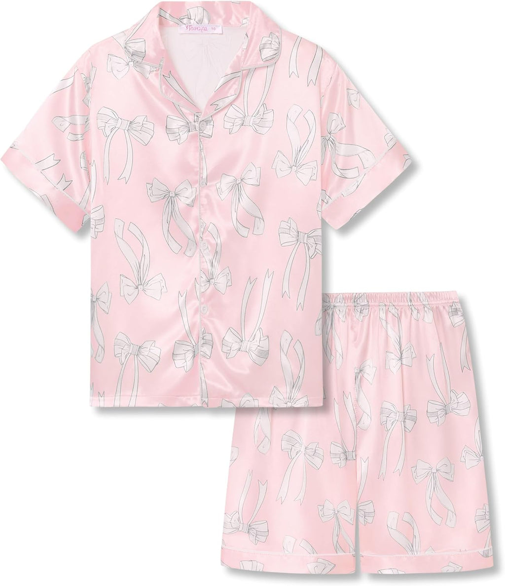 Girls Satin Pajama Set - Silky Button Down PJ with Shorts Size 6-16