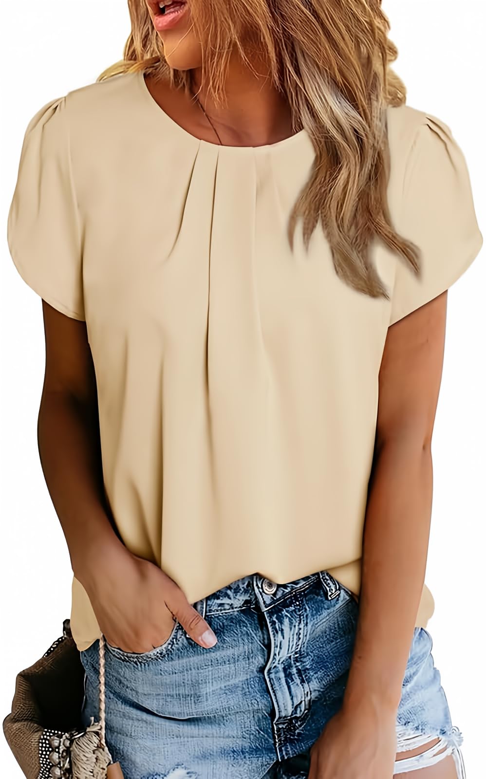 Polyester Blouses - Women's Chiffon Blouse Short Sleeve Pleated Top with Keyhole Back Detail