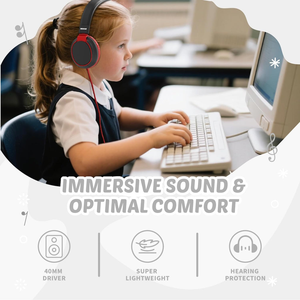 Kids Headphones Volume Limited 85/94dB - Wired Over-Ear Foldable Headset with Microphone Pink