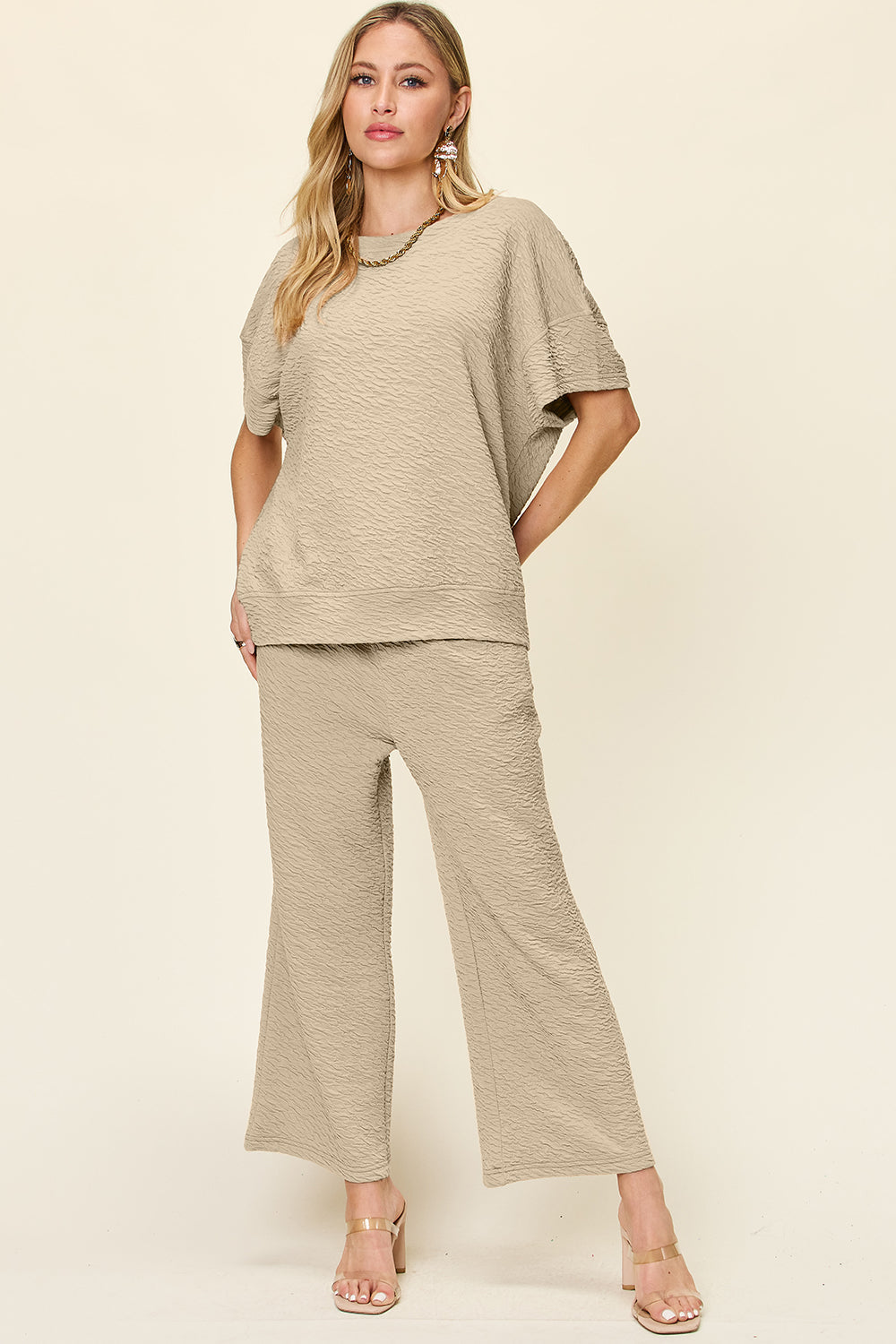 Textured Knit Short Sleeve Top and Pants Set