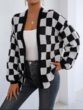 Black and White Checkered Cardigan - Checkered Open Front Long Sleeve Cardigan