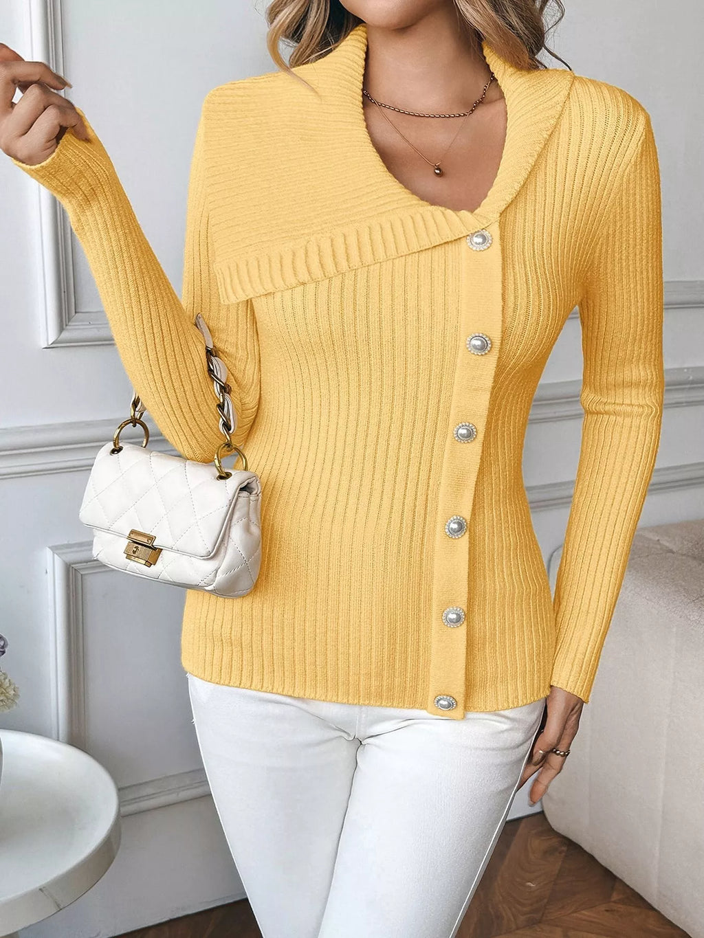 Asymmetrical Ribbed Button Up Cardigan