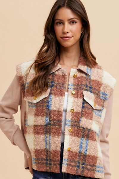Women Brown Faux Fur Plaid Button-Up Jacket Soft Jacket For Girls Jacket With Closure