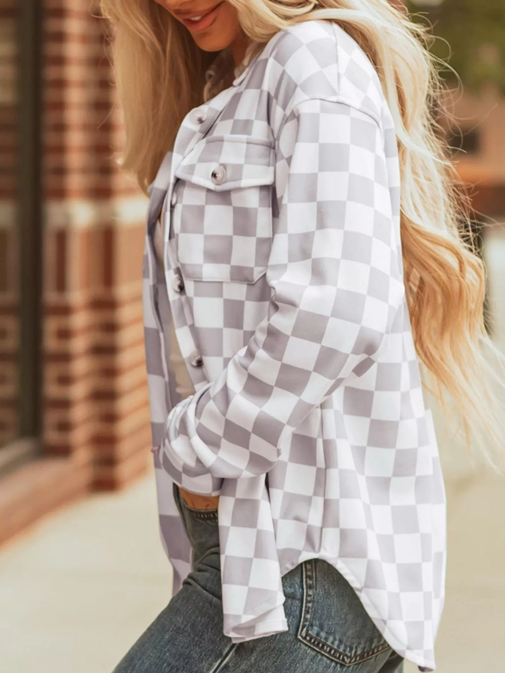 Checkerboard Flap Pocket Button Front Shacket