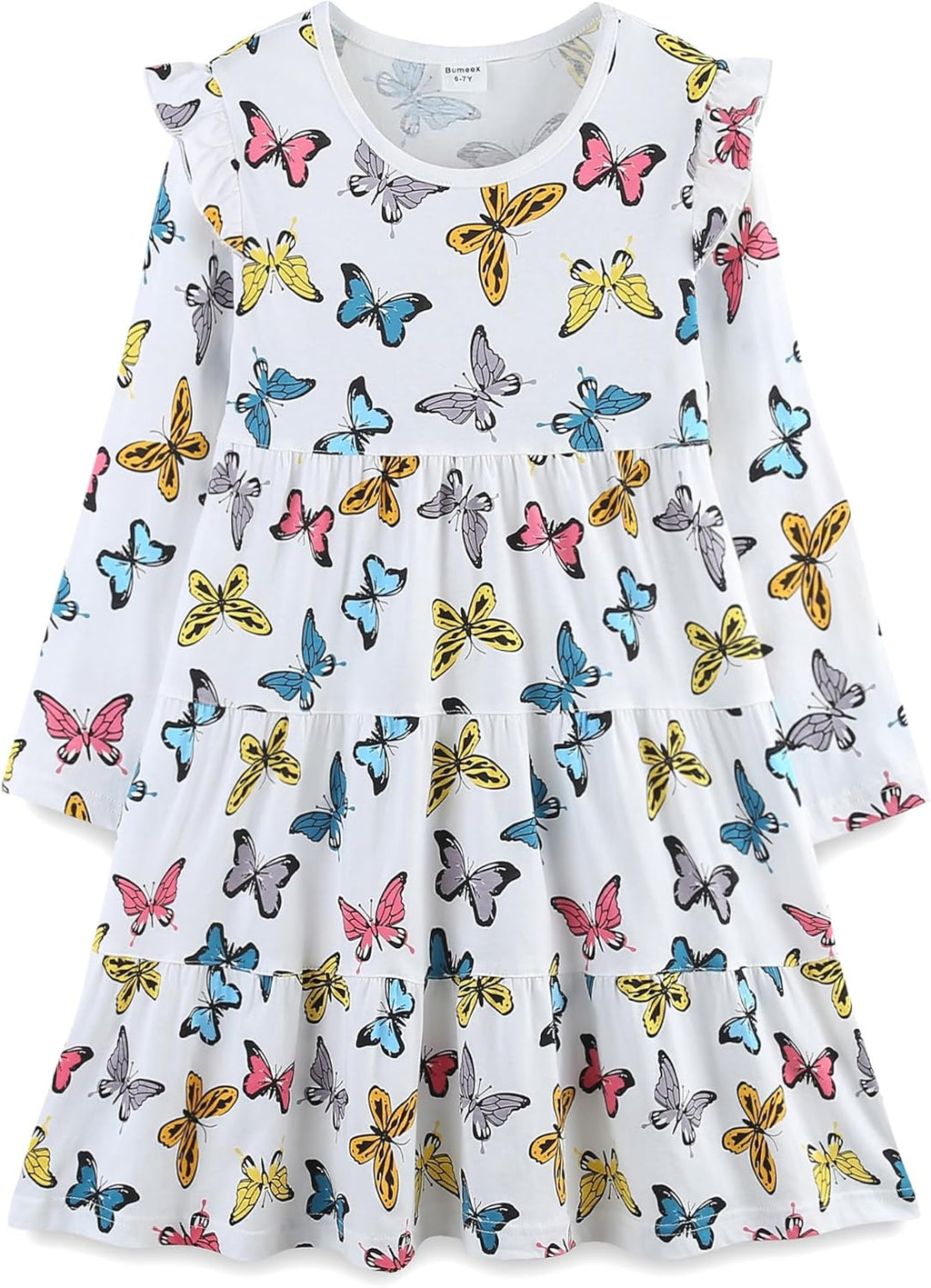 Girls Cotton Dress - Ruffle Sleeve Tiered A-Line Midi Sundress
