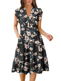 Blue Casual Dresses - Women's Summer Midi Dress - Ruffle Sleeve V-Neck Boho Beach Dress