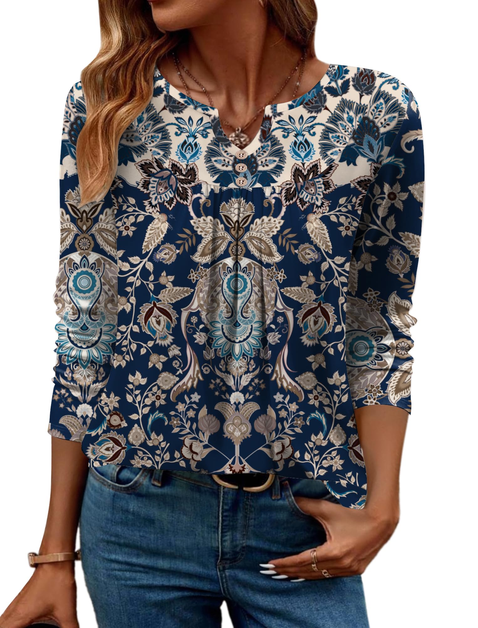 Women Long Sleeve V Neck Blouse - Casual Dressy Work Tunic Top with Pleated Detail 2025