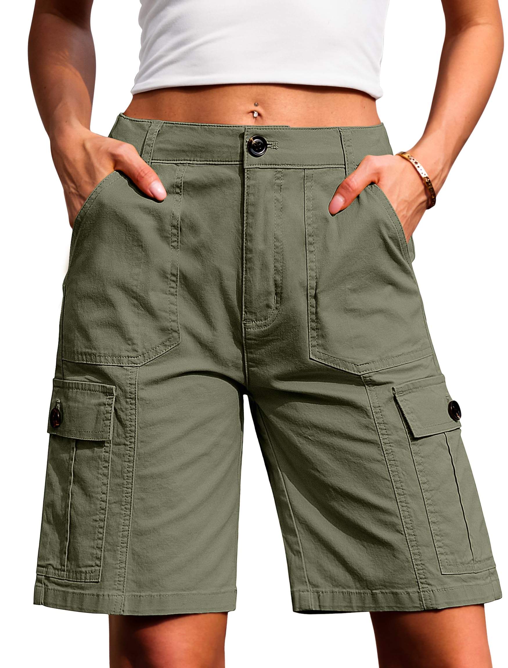 Women High Waisted Bermuda Cargo Shorts - 6 Pockets Stretchy Knee Length Summer Shorts