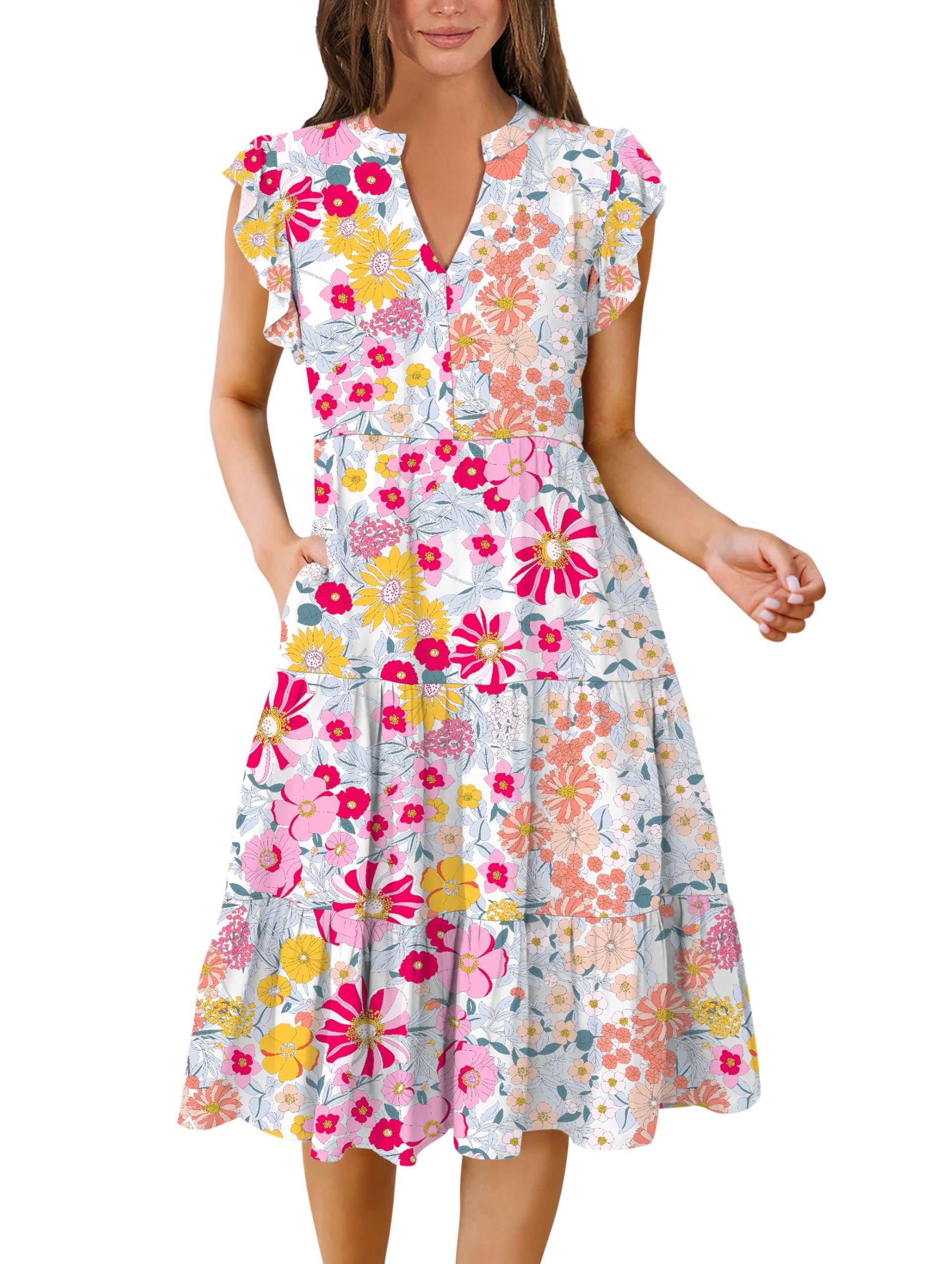 Blue Casual Dresses - Women's Summer Midi Dress - Ruffle Sleeve V-Neck Boho Beach Dress