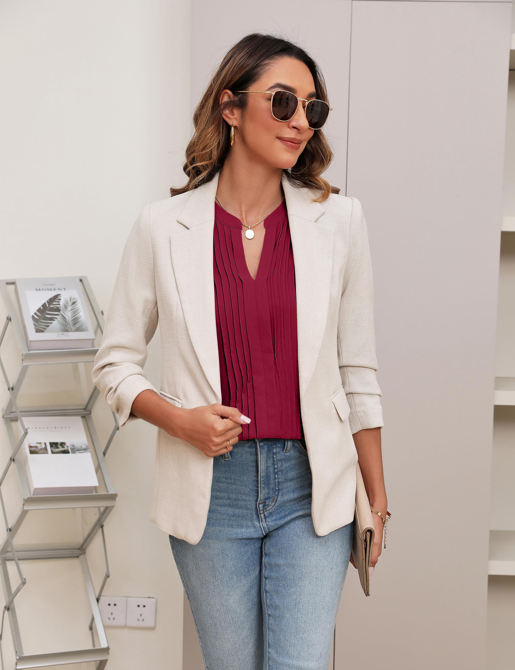 Beautiful Blouses For Ladies - Women's V-Neck Blouse with Pintuck Detail Short Petal Sleeve Business Top