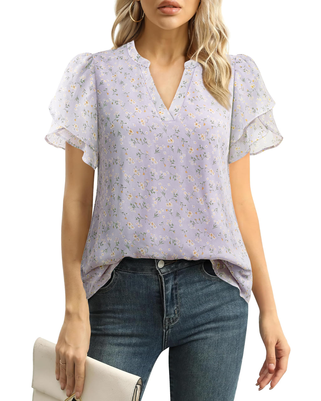 Polyester Blouses - Women's Chiffon Blouse V-Neck Puff Sleeve Summer Top for Work and Casual Wear