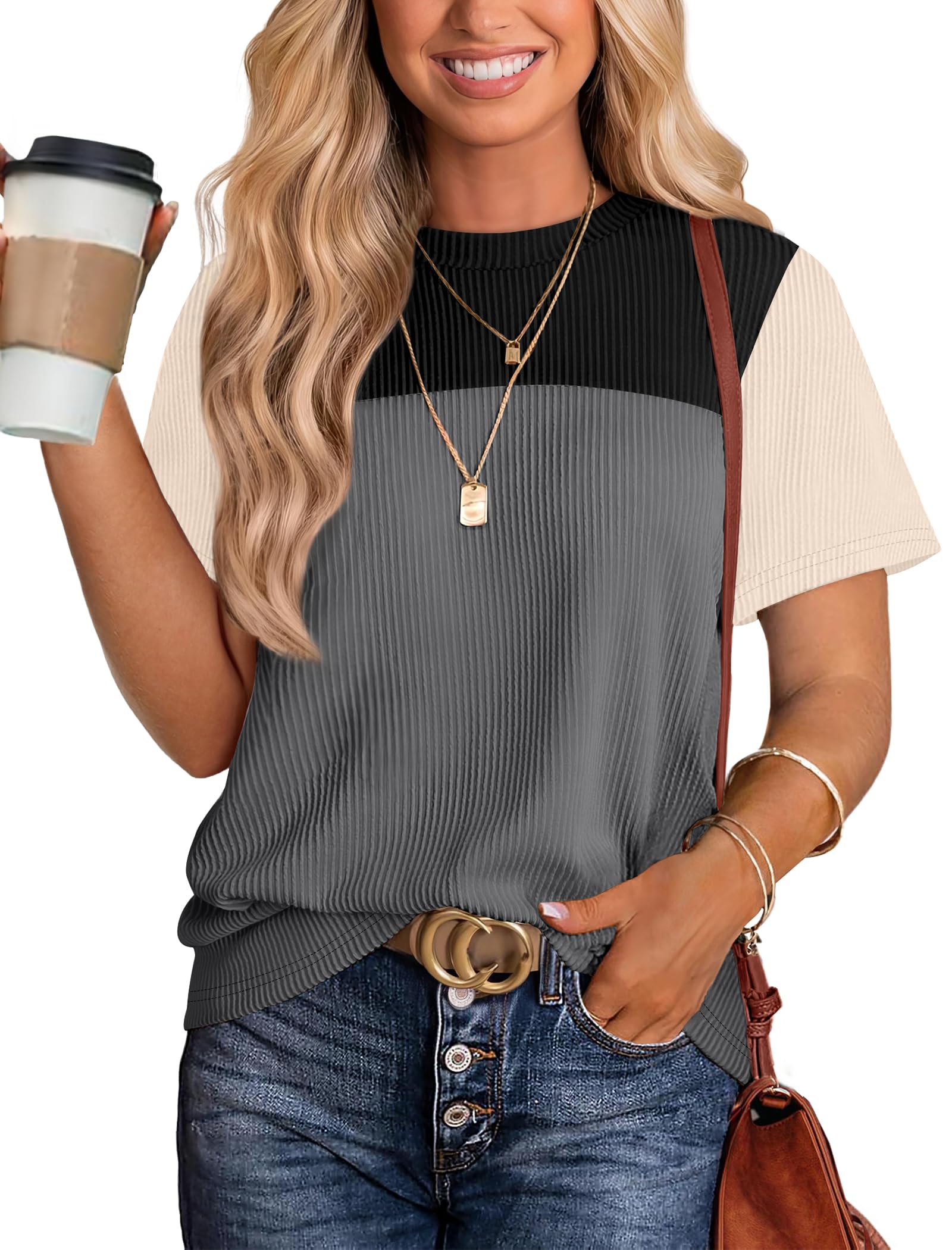 Women's Color Block Knit Shirt Short Sleeve Crewneck Top
