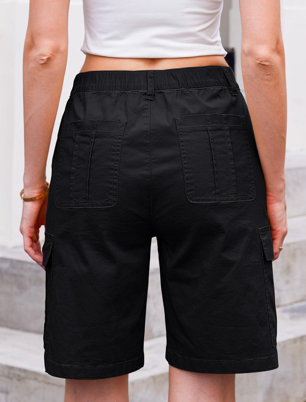 Women High Waisted Bermuda Cargo Shorts - 6 Pockets Stretchy Knee Length Summer Shorts