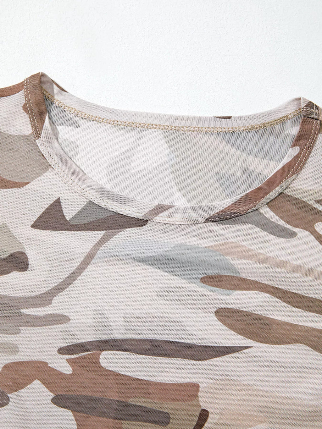 Camouflage Print Mesh Long Sleeve Top