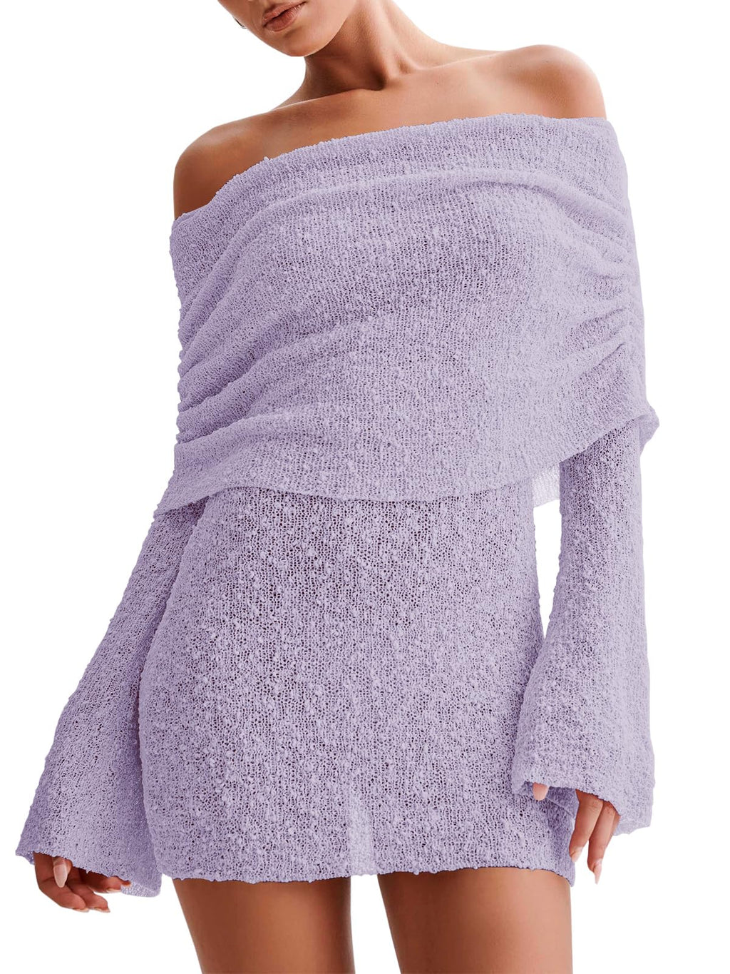 Women's Off Shoulder Beach Cover Up - Sheer Bell Sleeve Mini Dress for Swimwear