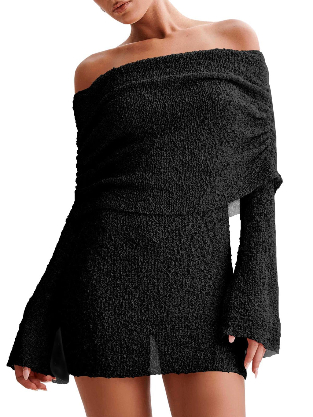 Women's Off Shoulder Beach Cover Up - Sheer Bell Sleeve Mini Dress for Swimwear