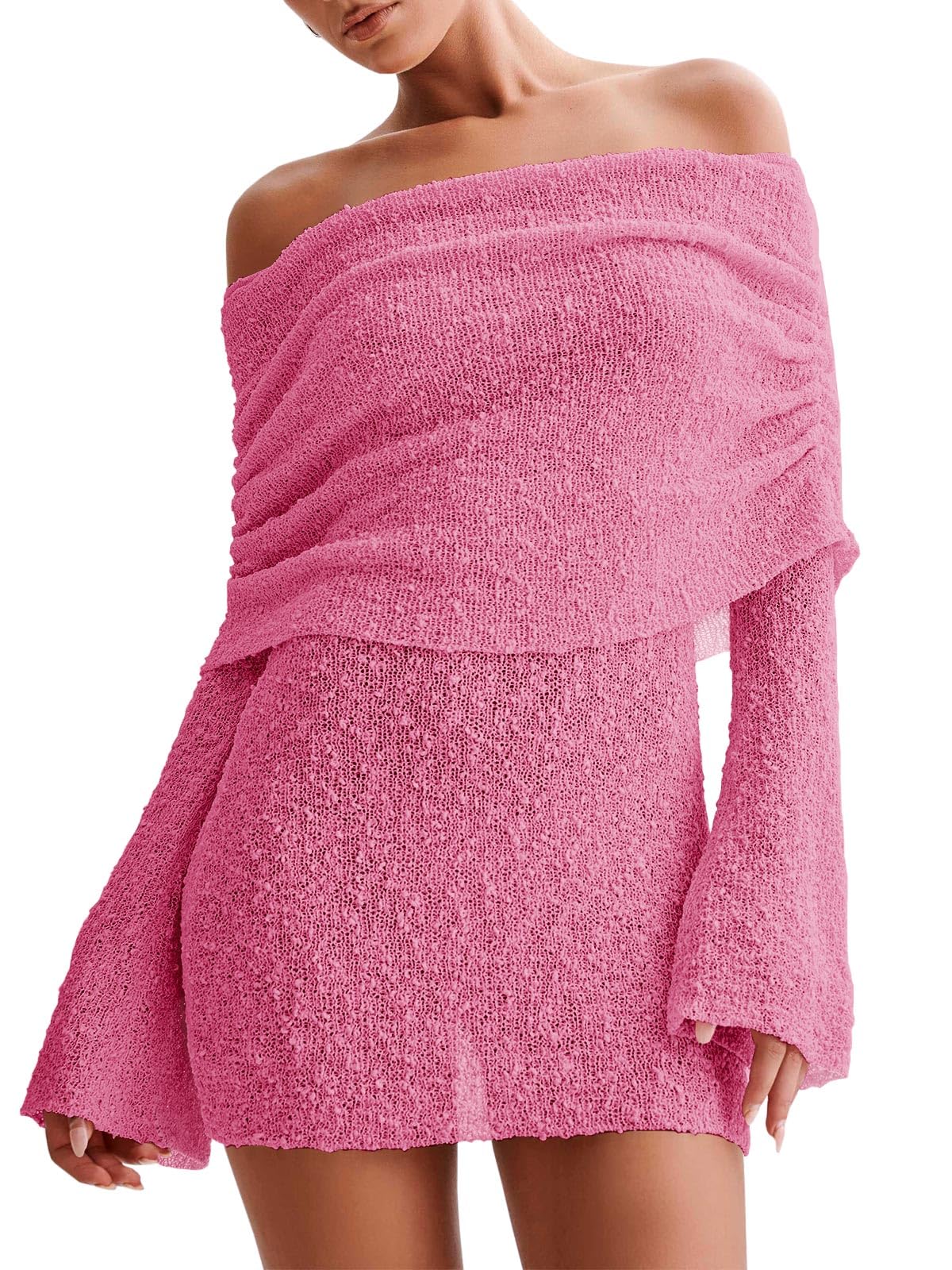 Women's Off Shoulder Beach Cover Up - Sheer Bell Sleeve Mini Dress for Swimwear
