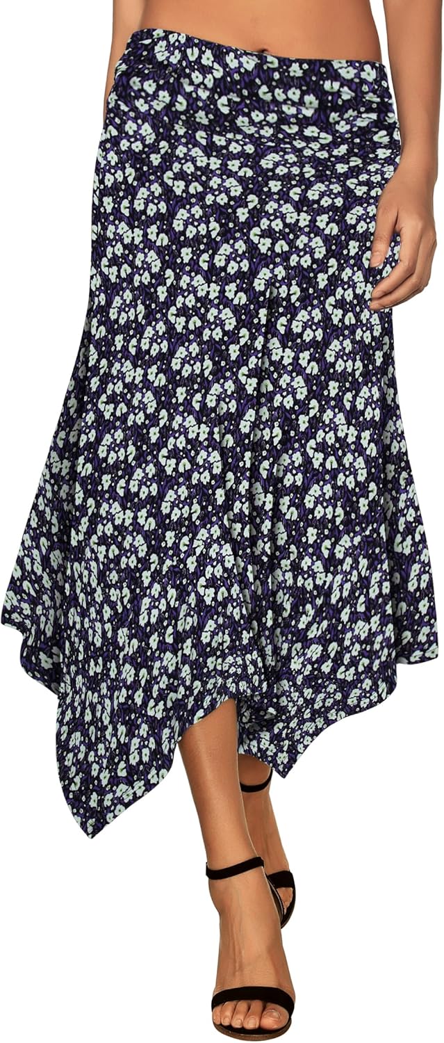 Women's Flowy Handkerchief Hemline Midi Skirt - Elastic Waist Asymmetrical Hem