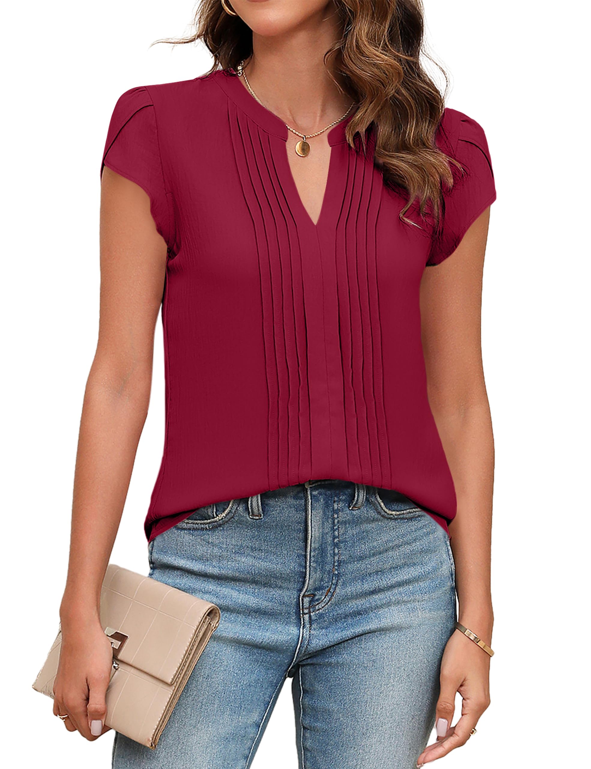 Beautiful Blouses For Ladies - Women's V-Neck Blouse with Pintuck Detail Short Petal Sleeve Business Top
