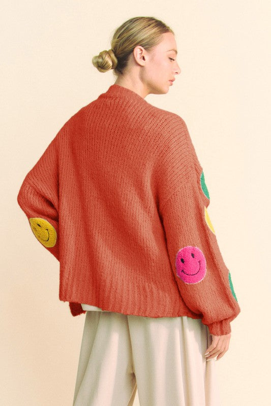 Back To School Sweater - Davi & Dani Fuzzy Smile Open Front Long Sleeve Cardigan