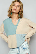 POL Color Block Notched Long Sleeve T-Shirt