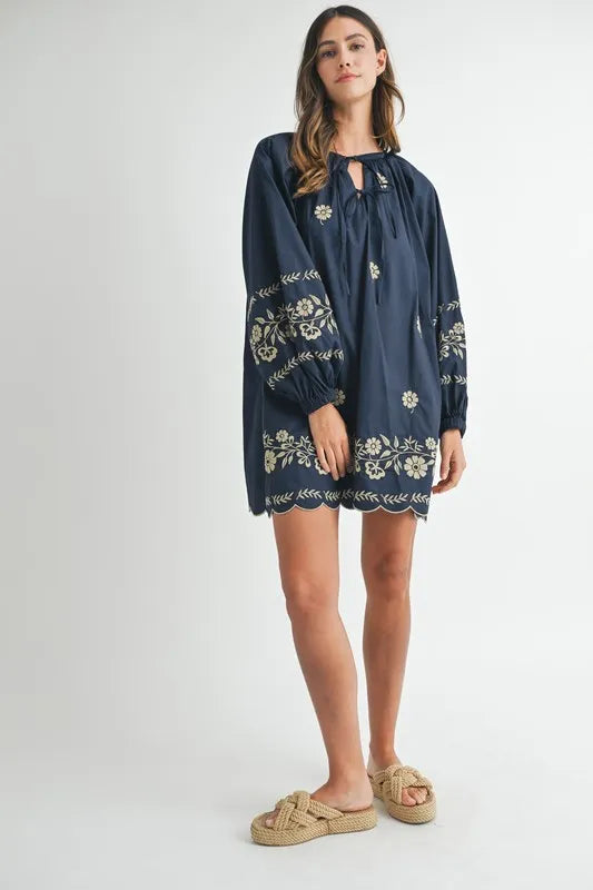 Embroidered Long Sleeve Peasant Mini Dress For Women – Embroidered Mini Dress, Long Sleeve Peasant Dress, Bohemian Dress, Casual Peasant Dress, Timeless Elegance Dress