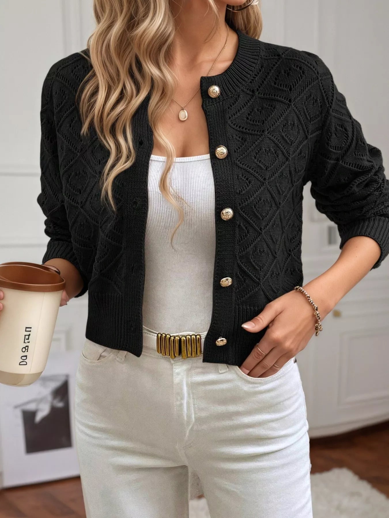 Openwork Button Up Long Sleeve Cardigan