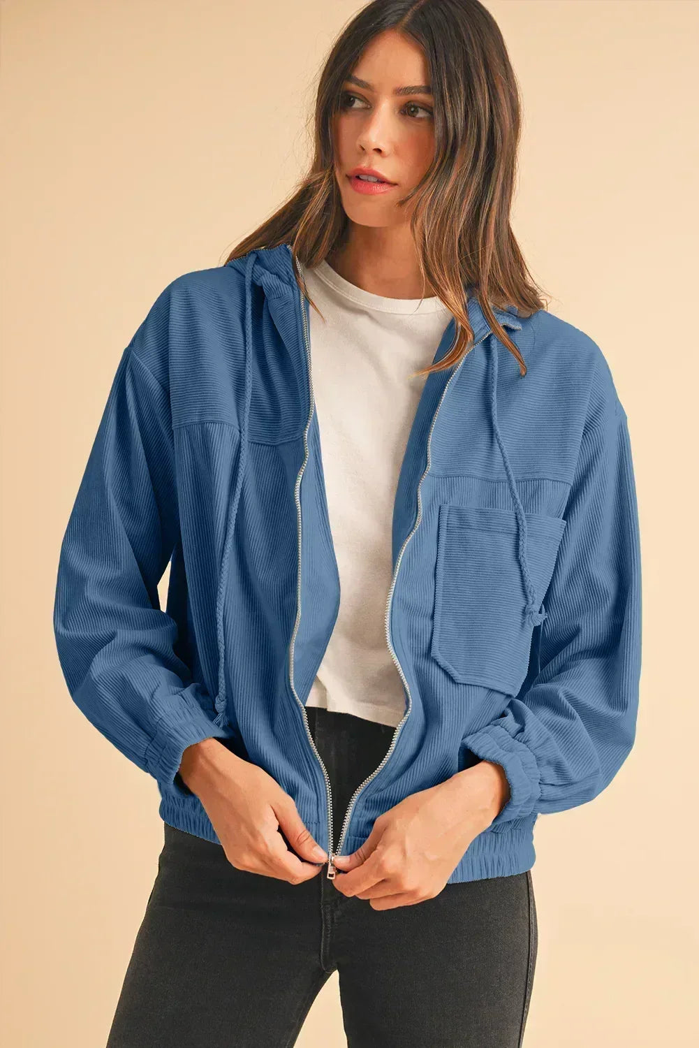 Real Teal Corduroy Zip-Up Hooded Jacket – Femstylo