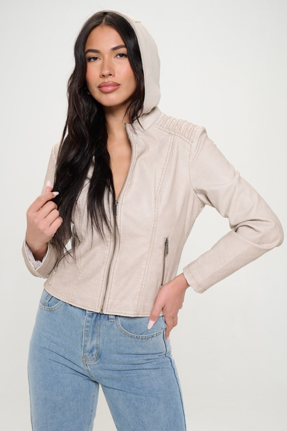 Women's Vegan Leather Zip-Up Hooded Jacket