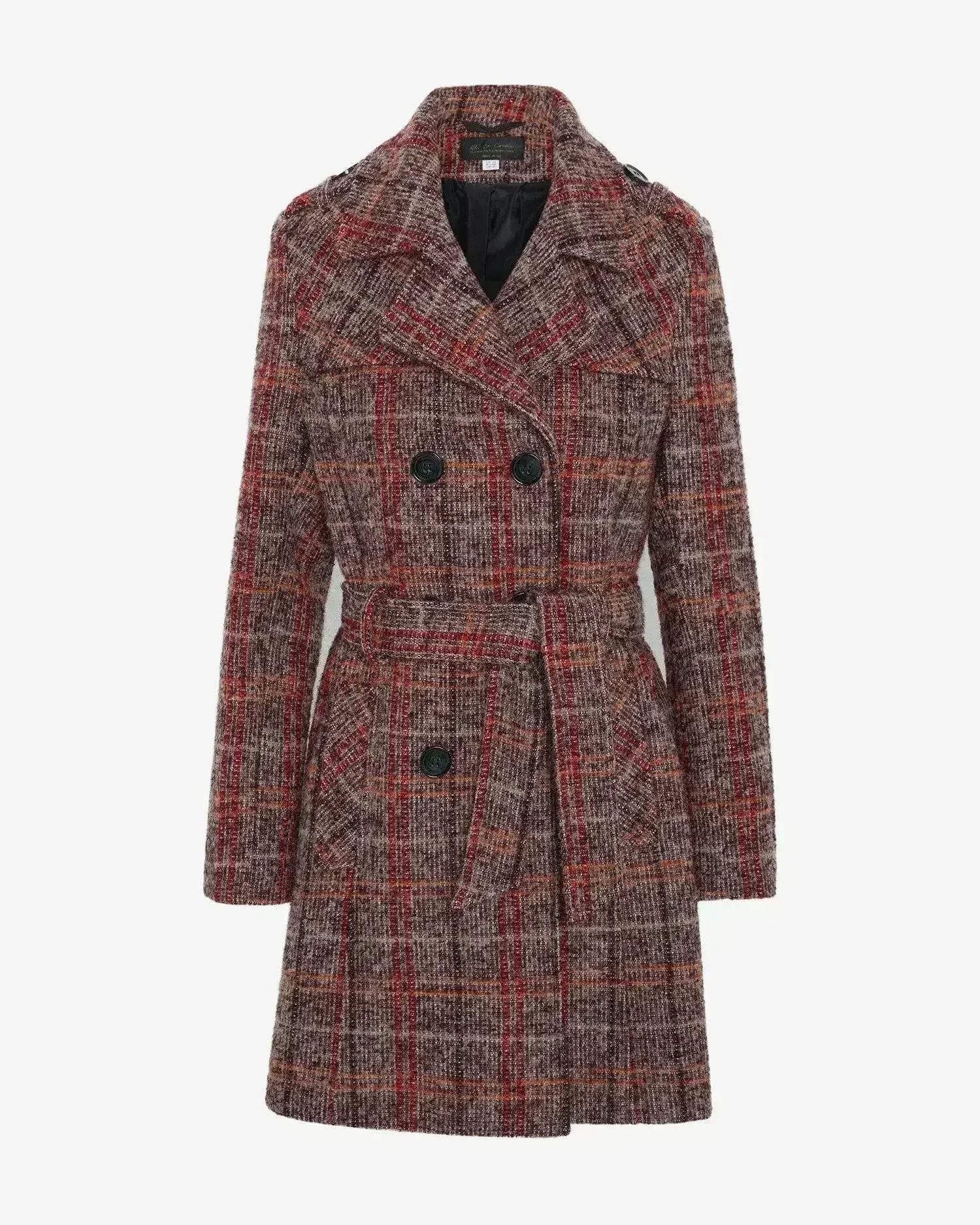 Wool Blend Check Double Breasted Military Coat