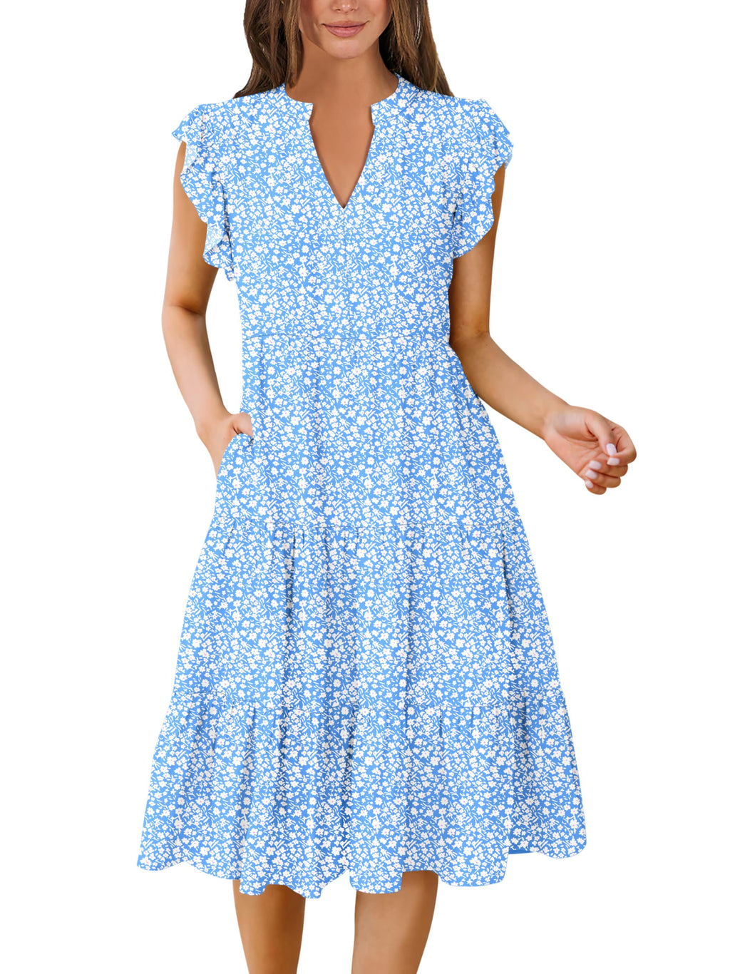 Blue Casual Dresses - Women's Summer Midi Dress - Ruffle Sleeve V-Neck Boho Beach Dress