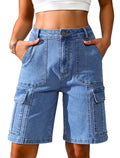 Women High Waisted Bermuda Cargo Shorts - 6 Pockets Stretchy Knee Length Summer Shorts