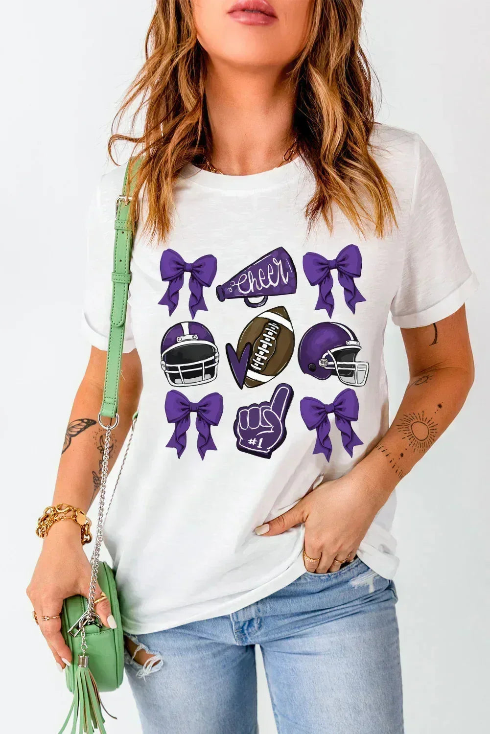 Game Day Rugby Tee: White Cheer Helmet & Bow Graphic T-Shirt