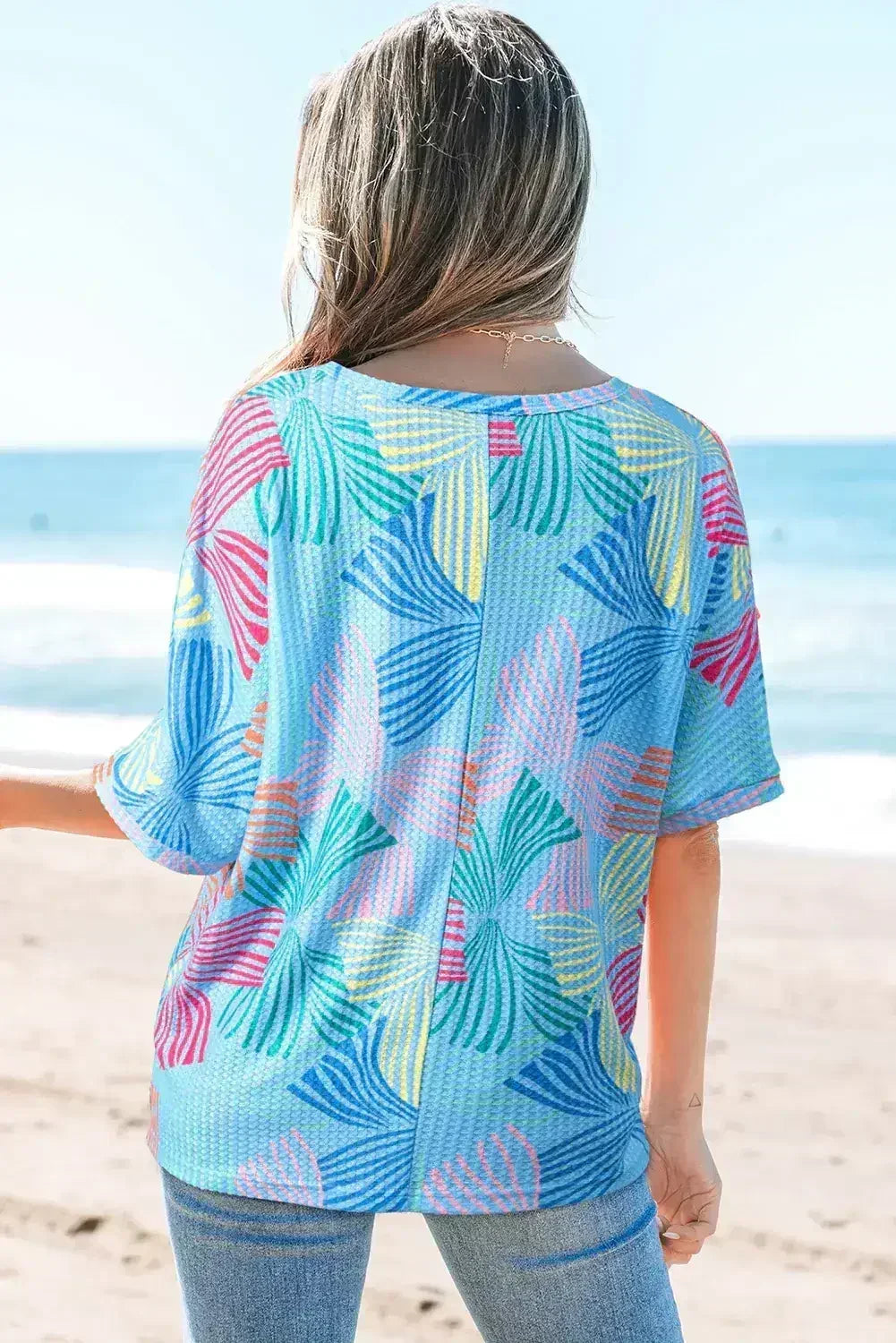 Sky Blue Bowknot Print Waffle Loose Tee