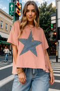 Studded Star Round Neck Short Sleeve T-Shirt