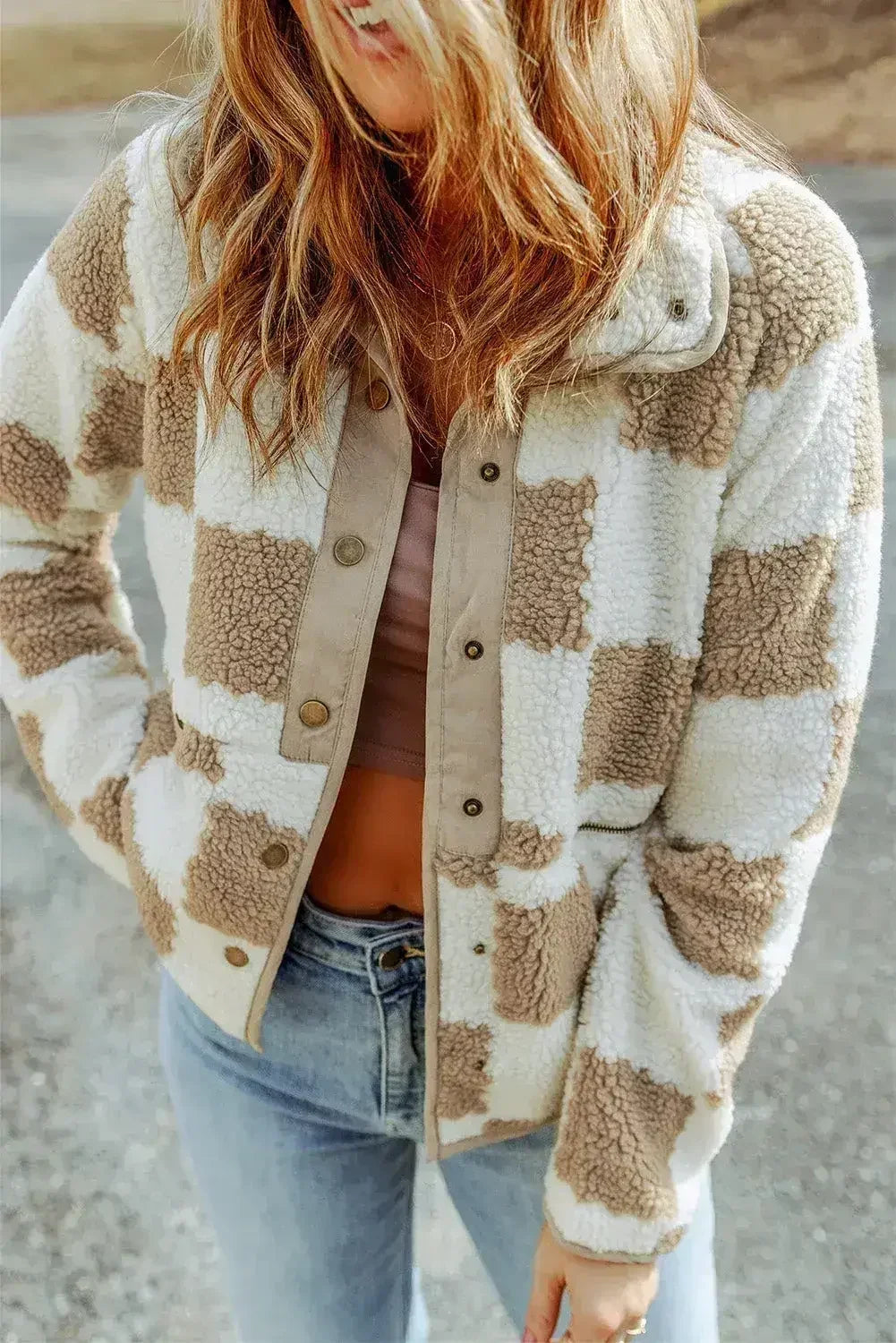 Plaid Sherpa Jacket - Brown Check Snap Button - Cozy Fleece Lined