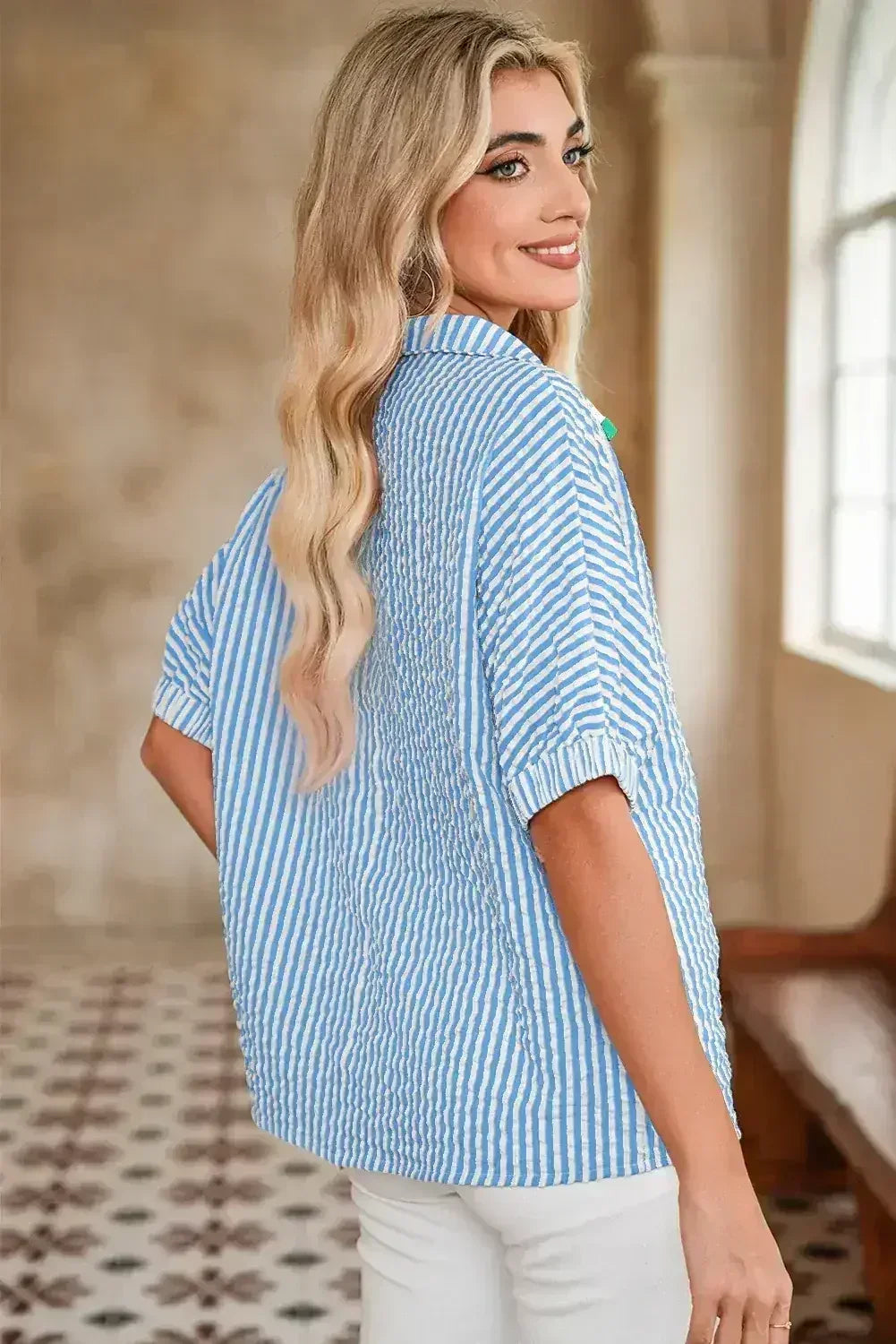 Sachet Pink Striped Dolman Sleeve Color Neckline Blouse | Femstylo