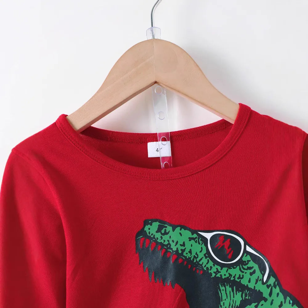 Dinosaur Round Neck Long Sleeve Top and Distressed Pants Set