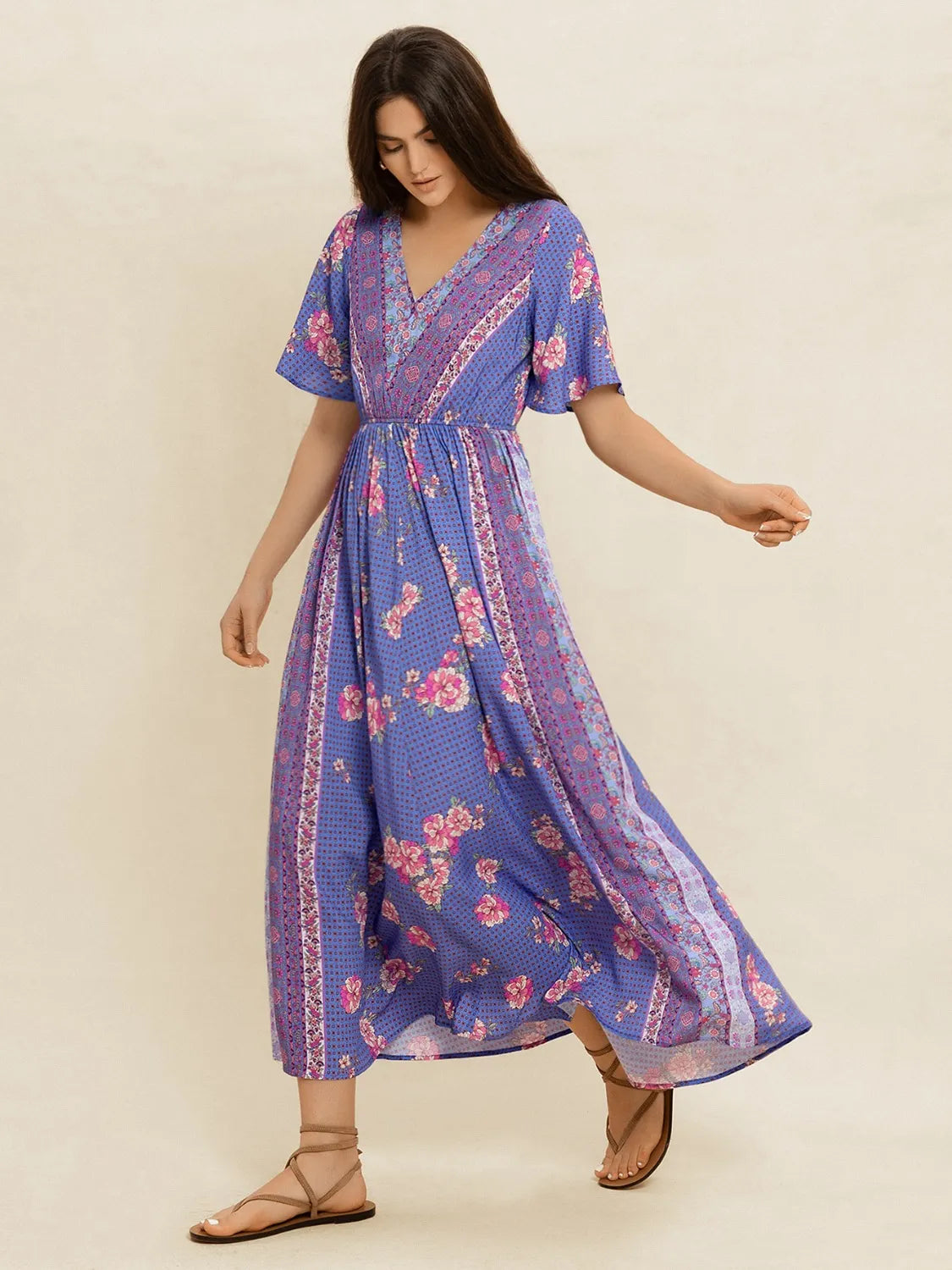 Printed Short Sleeve Midi Dress