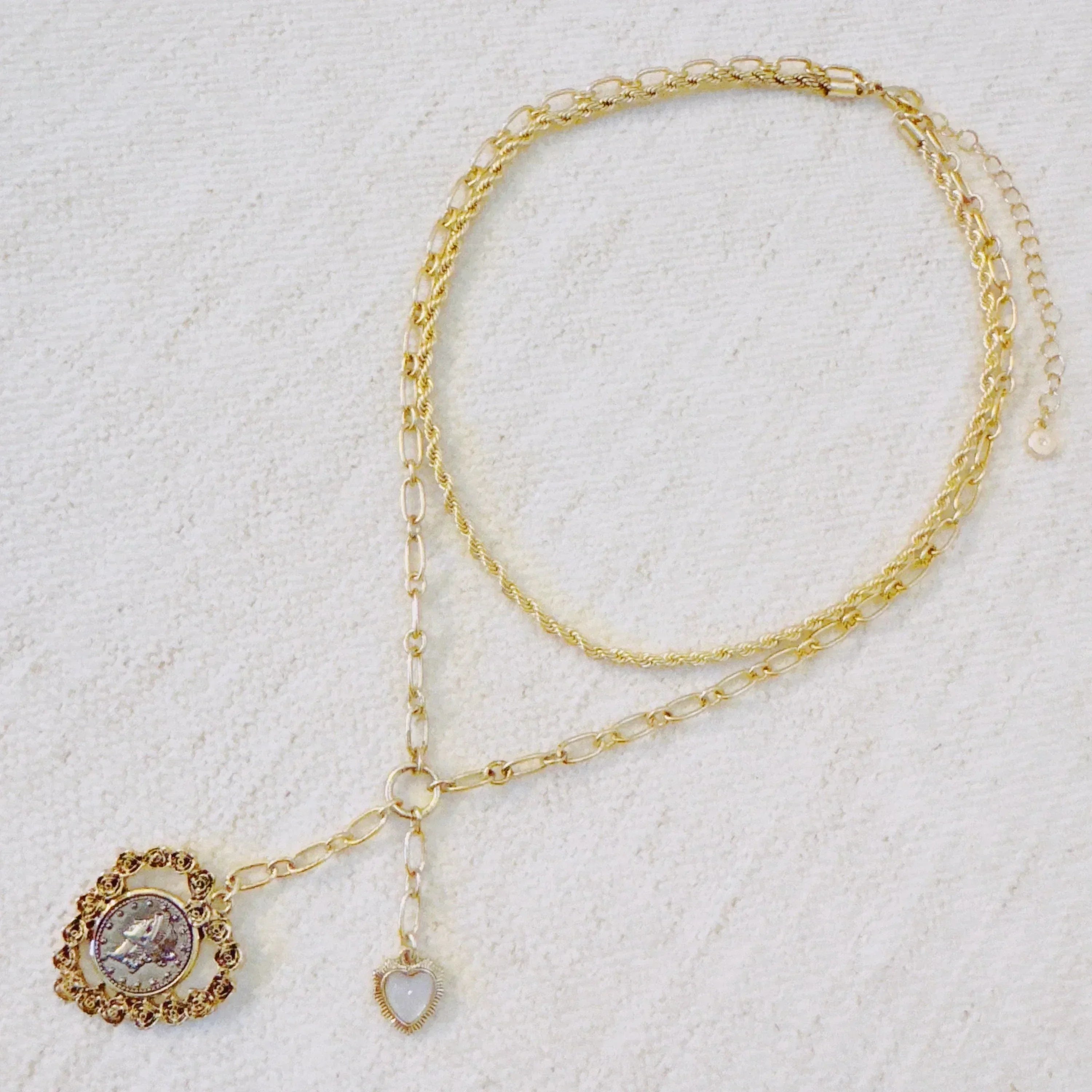 Double Chain Heart Pendant Necklace – Layered Gold Links with