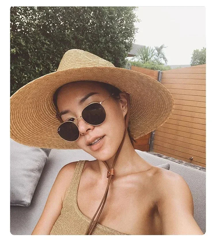 New 2024 Belt Strap Straw Sun Hat For Women Fashion Vacation Beach UV Hats Summer Wide Brim Travel Panama Hats Outdoor Wholesale