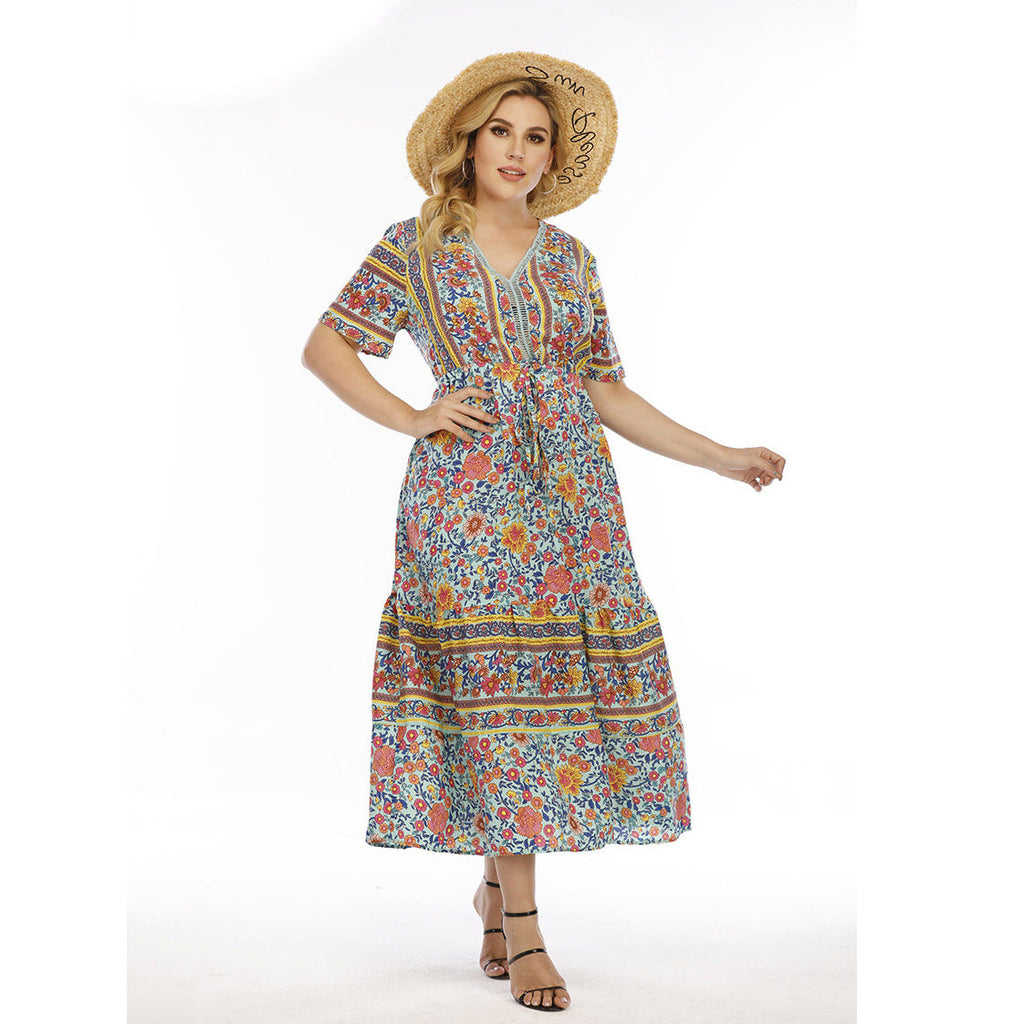 Plus Size Bohemian Dress Wearable Lace Patchwork Maxi Dress